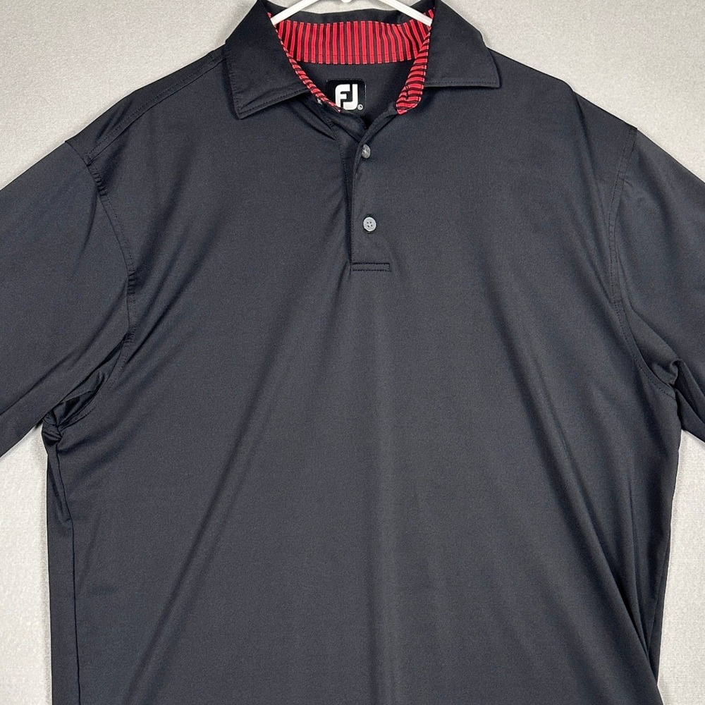 FootJoy Polo Shirt Mens Large Black Striped Collar Golf Rugby Short Sleeve EUC